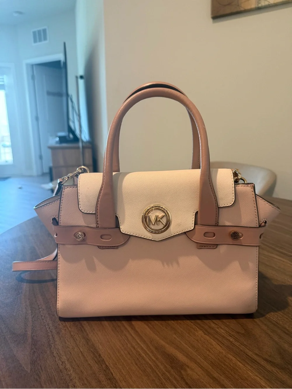 Michael Kors Pink and Cream Leather Satchel with Gold MK Medallion